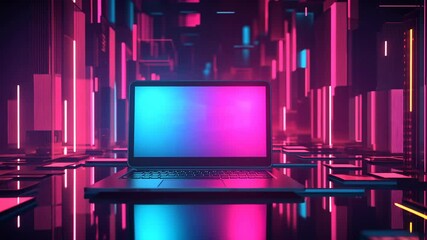 Poster - A laptop sits in a digital landscape, surrounded by vibrant pink and blue neon lights