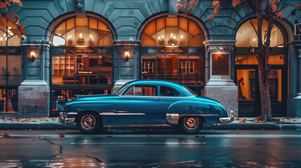 Naklejka na meble Shiny blue car is parked neatly on the side of the road right in front of a tall building that looms above it