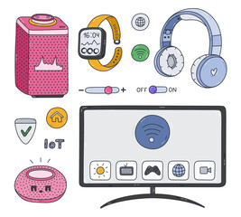 Fototapete - Cute colored doodle set with entertainment smart devices controlling via mobile phone. Hand drawn virtual AI voice assistant, smart TV, wireless headphones. Intelligence machine to get multimedia.