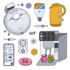Fototapete - Colorful outline set with smart devices for remote housework, coffee making, control light via smartphone. Hand drawn intelligence machine connected to network. Internet of things isolated collection.