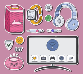 Aufkleber - Cute set of stickers with entertainment smart home devices phone for planners, notebooks. Ready for print list of colorful doodle stickers. Intelligence machine for multimedia controlling via mobile