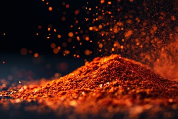 Poster - A striking image capturing a cascade of vivid orange powder, arranged creatively as if forming a mountainous shape, set against a contrasting dark background.