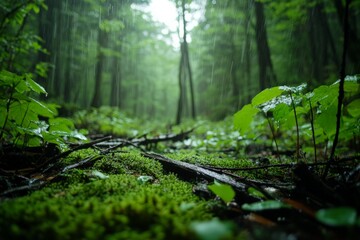 Poster - A serene rain-soaked forest floor covered in lush green moss, surrounded by towering trees and a gentle, misty ambiance creating a peaceful natural setting.