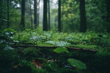 Poster - A beautifully detailed forest floor covered in moss and delicate green plants, illuminated by soft light filtering through the canopy, creating a serene atmosphere.