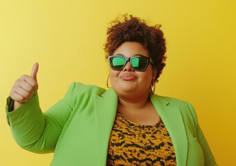 A cheerful woman in a vibrant green blazer and matching sunglasses stands before a bold yellow background, flashing two thumbs up with a joyful expression.