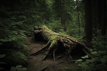 Poster - Atmospheric shot of an ancient, mossy tree trunk nestled within a dense forest, surrounded by vibrant greenery, conveying a sense of timelessness and nature.