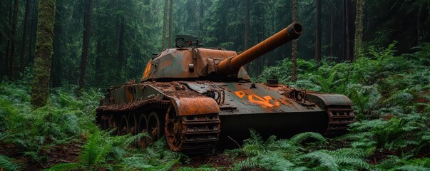 Wall Mural - Forgotten rusted tank wreckage hidden in a lush forest, a haunting reminder of the past.