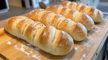 Freshly Baked Bread Loaves on Wooden Cutting Board