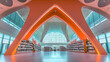 © jumino - Modern library interior featuring unique architectural design and bookshelves. AI Image
