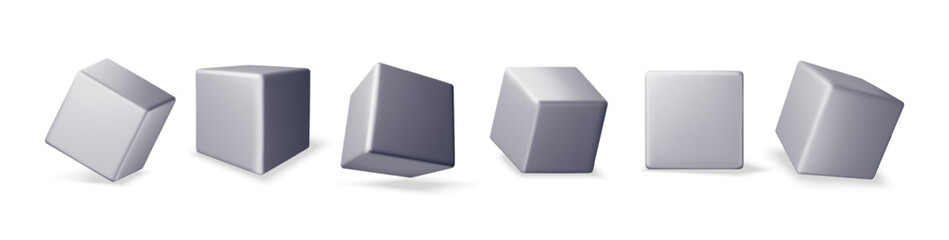 Poster - 3D set of cube icons with shadow isolated on white. Render square metal boxes collection different projections. Geometric shapes, square, art symbols. Vector illustration