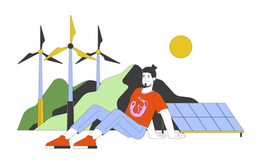  - Sustainable generators renewable energy 2D illustration concept. Wind turbines, solar panel. Lifestyle eco conscious man cartoon character isolated on white. Metaphor abstract flat vector graphic