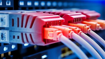 Poster - A close-up of network cables plugged into a server rack