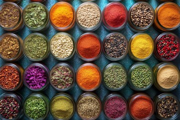 Poster - A rich spectrum of spices in glass jars is laid out against a textured background, beautifully expressing a colorful and flavorful universe of culinary possibilities.