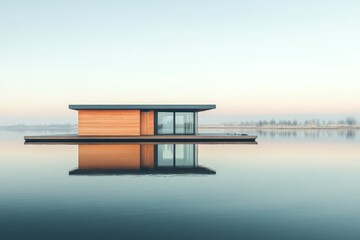 Poster - A stylish wooden cabin stands majestically, its sleek structure mirrored perfectly on a still lake, enveloped in a silent dawn atmosphere, highlighting modern design.