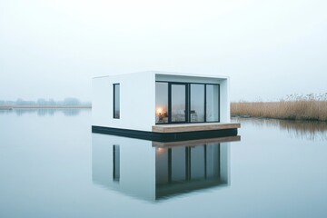 Poster - A sleek, modern floating house with large windows floats on a serene lake surrounded by reeds, beautifully reflecting in the calm water under a misty sky.