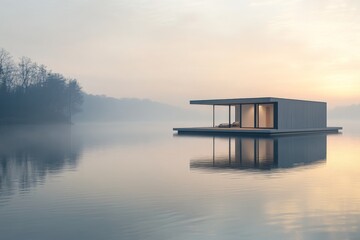 Aufkleber - A modern minimalist house floats on tranquil water at sunrise, reflecting its structure. The serene atmosphere highlights nature's calm beauty and modern design.