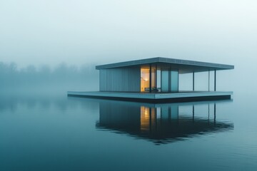 Aufkleber - An elegant floating dwelling rests on a tranquil, reflective lake. The serene scene captures the essence of simplicity, peace, and harmonious modern design.