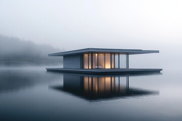 Poster - A sleek modern floating house with warm interior lighting contrasts against a misty lake, creating a peaceful and contemporary waterscape scene.