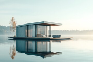 Aufkleber - An elegant modern floating house sits gracefully on a calm lake, featuring expansive glass walls, embodying sophistication and a tranquil living enviroment.