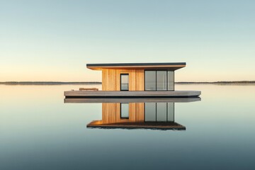 Leinwandbilder - A warmly lit wooden floating house reflects on a still lake, blending modern architecture with natural beauty in a peaceful and serene landscape.