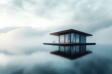 Leinwandbilder - A modern floating haven rests on peaceful, misty waters, surrounded by an ethereal atmosphere that embodies tranquility and serene architectural design.