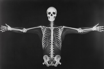Poster - A detailed X-ray image of a human skeleton with arms extended, showcasing the intricate structure of the skeletal system with a dark background for contrast.