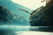 © ChaoticMind - A group of pterosaurs gliding above a mist-covered river flanked by lush forests, creating a mystical and serene representation of prehistoric wildlife in motion.