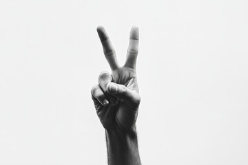 Poster - Focus on peace gesture in monochrome style, the play of light and shadow highlighting the intricate details of the hand, conveying a sense of serenity.
