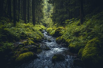 Poster - A tranquil forest scene with a gentle creek meandering through dense greenery, moss-covered rocks, and towering trees, creating a peaceful and harmonious atmosphere.