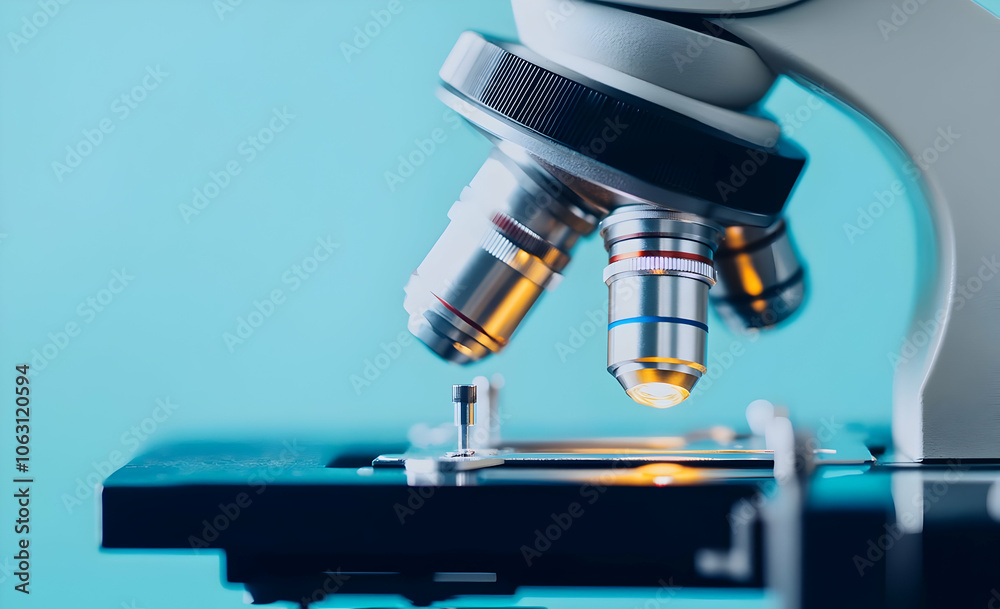 Microscope Pict Close-up of a microscope, highlighting its lenses and stage for ...