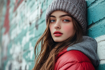 Wall Mural - A woman wearing a red jacket and a grey hat is standing in front of a wall