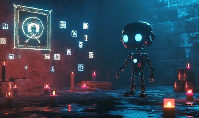 A glowing robot in a dimly lit room.