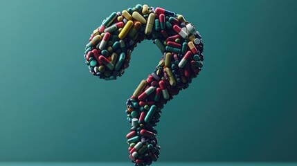 Poster - Clear question mark filled with various tablets, capsules, and medicines, emphasizing health queries.