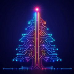 Poster - Colorful digital Christmas tree design with neon lights on a dark background