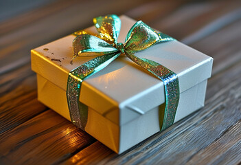 Wall Mural - A beautifully wrapped gift box with a shimmering ribbon placed on a wooden table