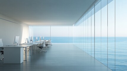 Poster - Minimalist office space with glass walls, offering a panoramic ocean view, and contemporary desks aligned to maximize the scenery.
