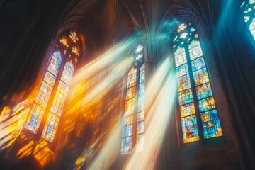 Aufkleber - Vivid rays of sunlight peer through elegant, multicolored stained glass windows, casting a warm glow and intricate patterns onto an ancient cathedral's interior walls.