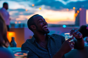 Wall Mural - A joyful man holding a drink enjoys a vibrant sunset at a rooftop gathering, surrounded by twinkling lights, capturing an atmosphere of laughter and celebration.