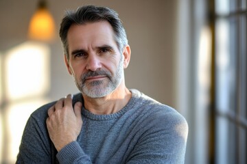 A mature gray-haired man in a gray sweater stands thoughtfully, hand on shoulder, with soft evening light filtering in from a nearby window.