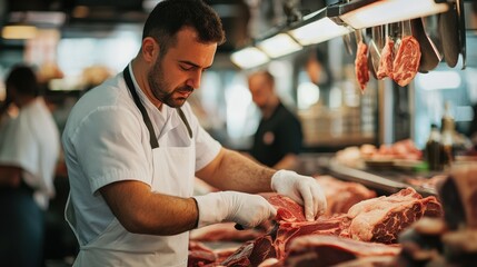 Poster - A butcher in a white apron, skillfully trimming meat with precision,