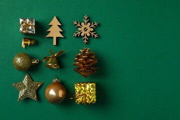 festive christmas background with different decorations, balls, copy space composition