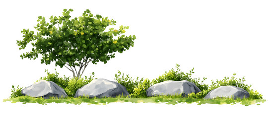 Wall Mural - vector watercolor green tree or meadow with rock side view isolated on white background for landscap