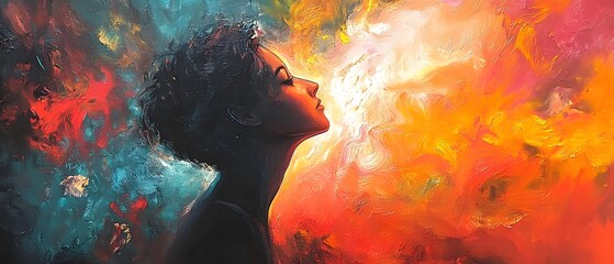 Poster - A vibrant, abstract portrait showcasing a woman illuminated by a colorful explosion of light and creativity.