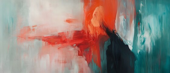 Poster - An abstract composition featuring soft hues of teal, white, and bold splashes of red, evoking calmness and creativity.