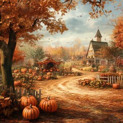 Sticker - Autumn countryside with pumpkin patches and harvest-themed decorations 