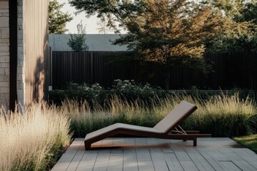 Poster - A sleek wooden lounge chair is centrally placed on a deck surrounded by ornamental grasses and trees, exuding tranquility and modern elegance in the setting.