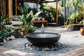 Poster - A modern garden highlights a circular water feature surrounded by lush plants, creating a tranquil retreat with soothing sounds and a sense of harmony and peace.