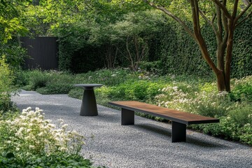 Poster - A serene garden features a simple bench beside a stone path, surrounded by lush foliage and greenery, providing a calm space for rest and contemplation.