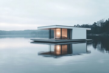 Aufkleber - A luxury floating cabin basks in the serene embrace of a forested landscape, seamlessly blending modern architectural beauty with the tranquility of surrounding nature.