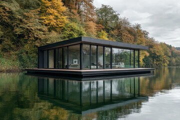 Leinwandbilder - A contemporary glass box houseboat gently floating on calm waters surrounded by lush autumn foliage, creating a peaceful and serene retreat in nature's embrace.